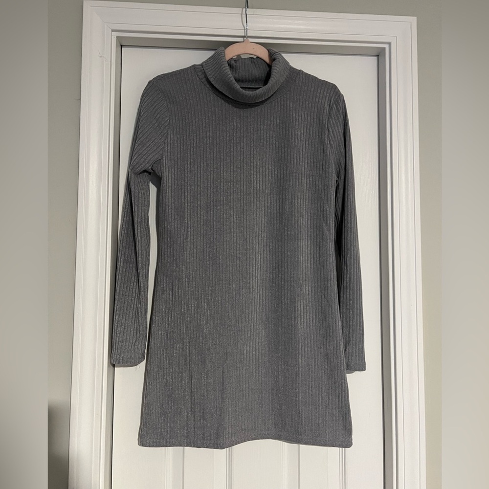 Gray Ribbed Turtleneck Sweater Dress